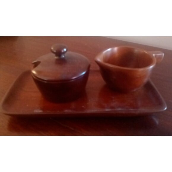 Wooden Cream Sugar Set with Tray Mahogany Hand Made Haiti NO SPOON - Picture 1 of 4
